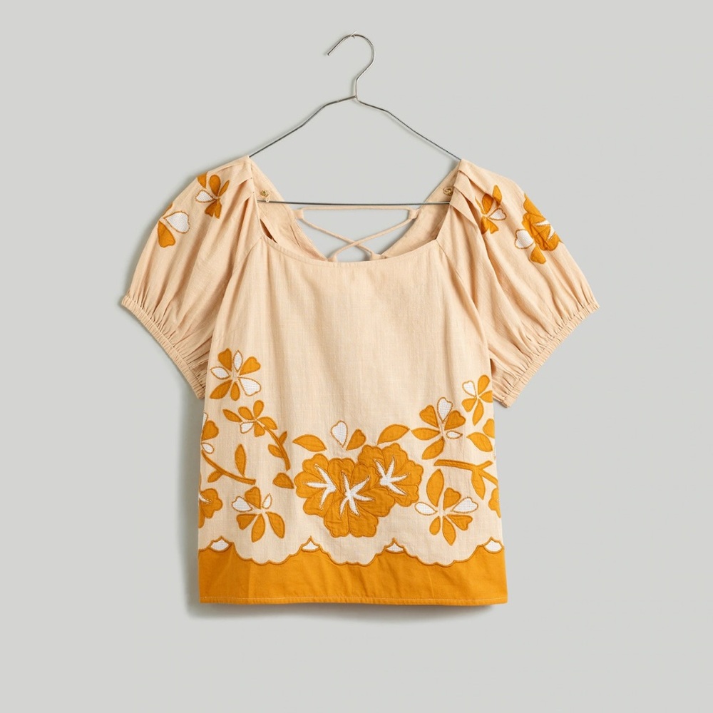 Madewell Floral Embroidered Women’s Top/Blouse • Puff Sleeves • Pink and Orange